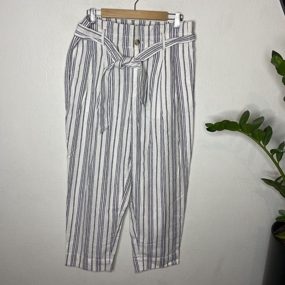Madewell Linen-Cotton Paperbag Pants in Dark Baltic Stripe Waist Tie  Women’s 12